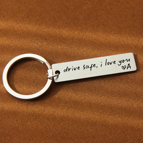 HubbgDesign Key Chain Drive Safe I Love You Engraved Initial Personalized Gift for Husband Boyfriend