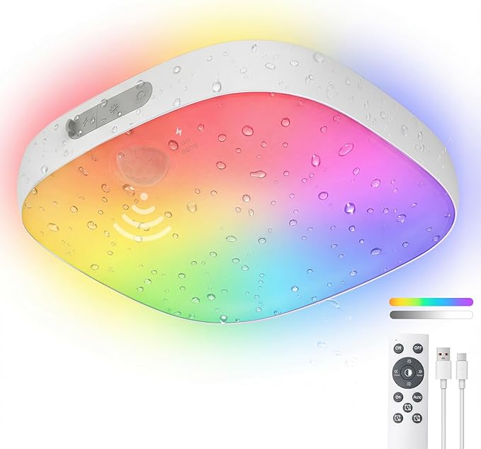 Shower Light IP65 Waterproof, Motion Sensor Ceiling Light, Rechargeable Closet Light with 10000mAh Battery & Remote, 18 RG...