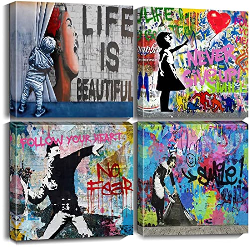 Biufo Banksy Canvas Wall Art Artwork Graffiti Street Print Pictures for Bedroom Living Room Wall Decor (12"x12"x4Pcs)