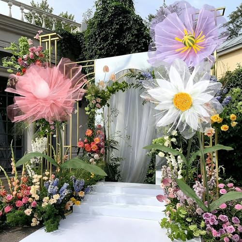 Leinuosen 3 Pcs Giant Flowers for Decoration 5.6 ft Large Organza Flowers with Stand for Spring Tea Bridal Shower Wedding ...