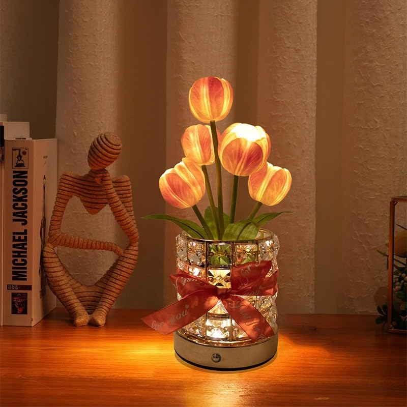 TXGZYBhg Tulip Flower Planet Lamp with Remote Control, Rechargeable Cordless Touch Dimming Artificial Flower Desk Lamp, LE...