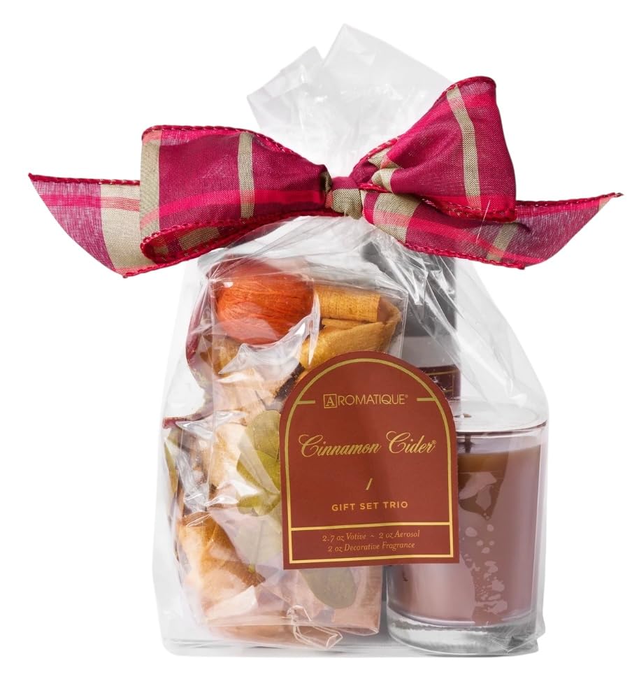 Aromatique Cinnamon Cider Gift Set Trio – Decorative Fragrance 2 oz, Room Spray 2 oz & Votive Candle 2.7 oz – Cinnamon, Ap...