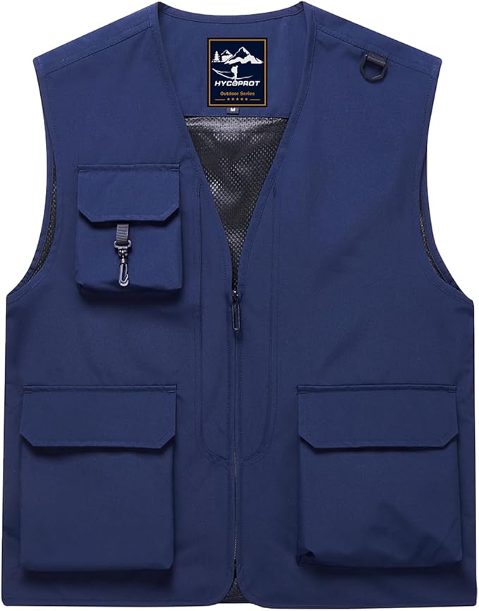 HYCOPROT Men’s Outdoor Fishing Vest, Lightweight Waterproof Sleeveless Utility Cargo Jacket for Hiking Hunting