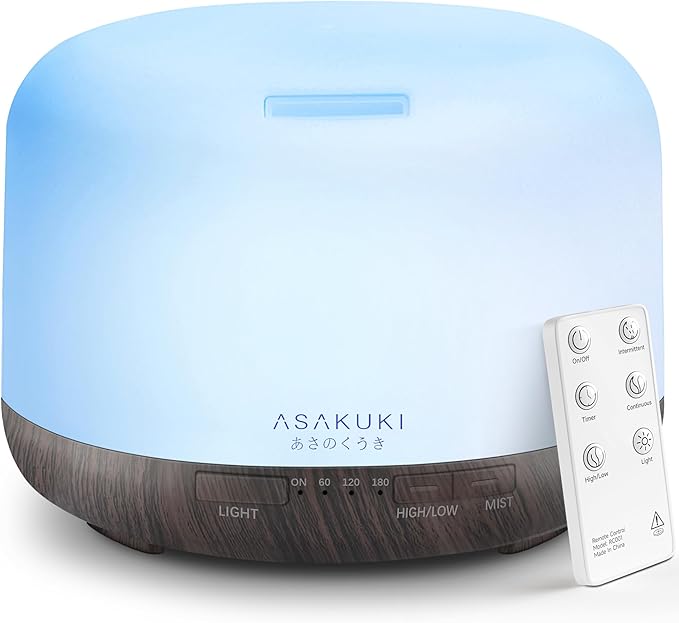 ASAKUKI Essential Oil Diffuser for Home, 500ML Aromatherapy Diffuser Humidifier with Remote Control, 7 Color LED Lights, Q...