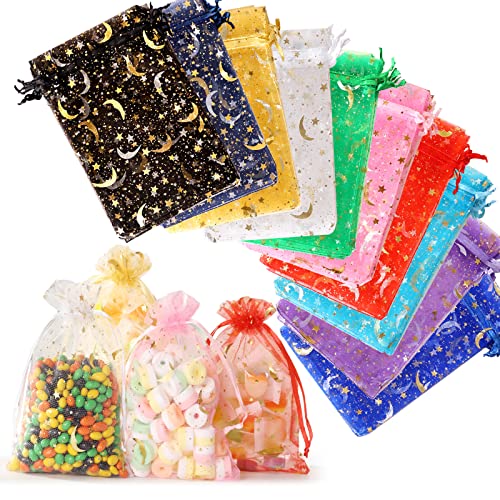 ENNIYU 100 Pieces Moon Star Organza Jewelry Candy Bags, 3x4inch Random Colors Mesh Bags, Organza Favor Gift Pouches with D...