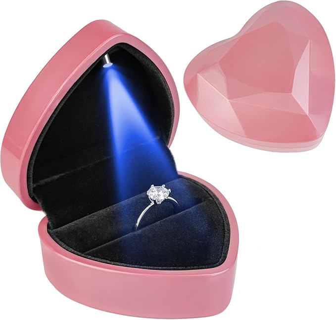Heart Ring Box with LED Light, Luxury LED Lighted Engagement Ring Box, Velvet Earrings Jewelry Case with Light, Jewelry Di...