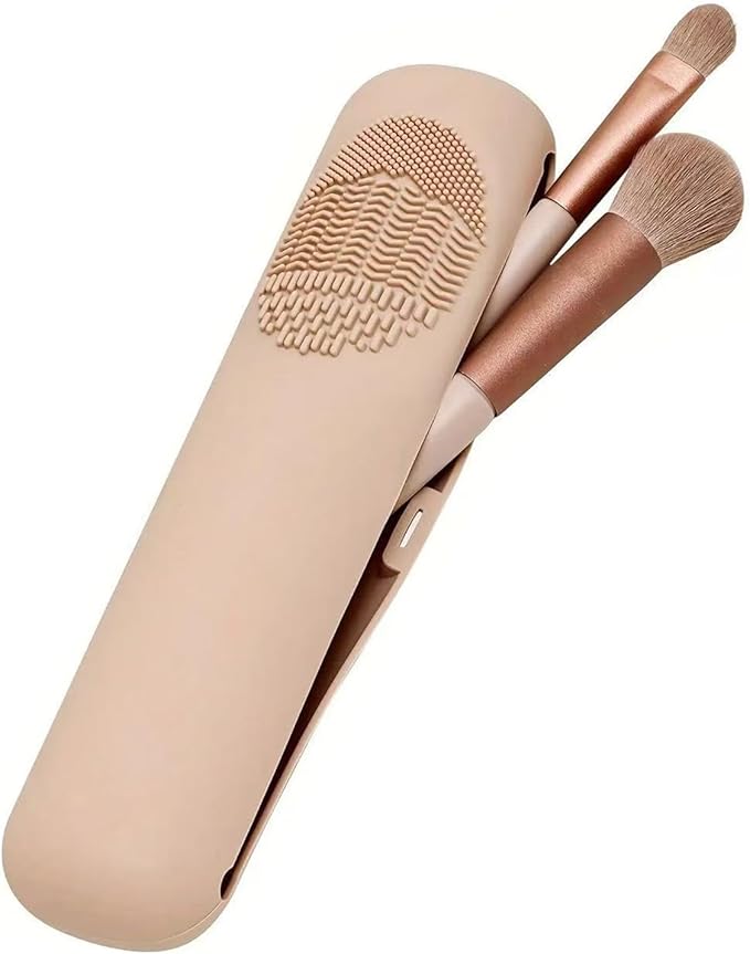 Silicone Makeup Brush Holder with Magnetic Closure, Soft Travel Makeup Brush Bag with Built-In Brush Cleaner, Portable Cos...