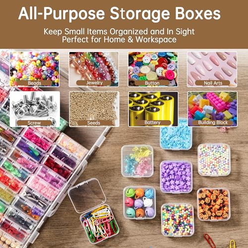 Bead Organizer Box, 60 Pack Small Clear Storage Boxes with Labels, Large Travel Craft Case with Handle, Mini Plastic Conta...