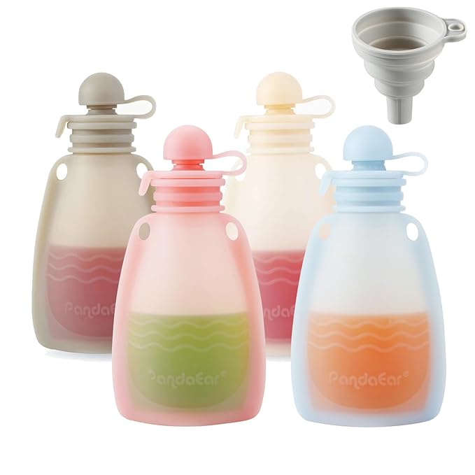 PandaEar Reusable Silicone Baby Food Pouches, 4 Pack Squeeze Pouches for Toddler Kids, BPA-Free Silicone Refillable Baby F...