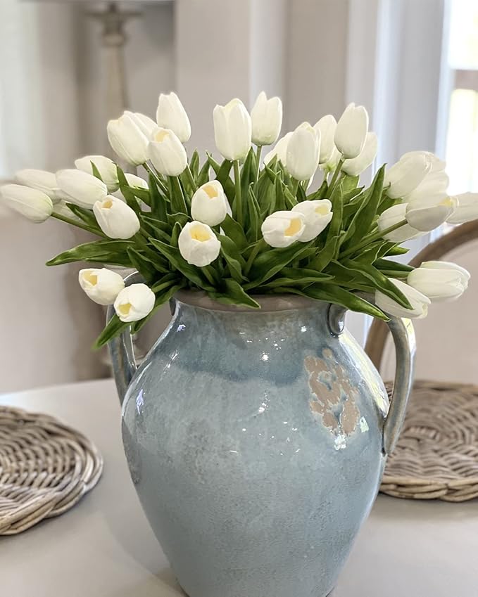 Beferr White Tulips Artificial Flowers 18Pcs Faux Silk Tulip Real Touch Tulip Fake Flowers Bouquets Arrangements for Mothe...