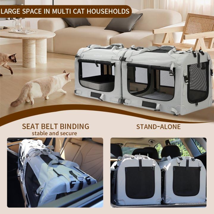 Petseek Extra Large Cat Carrier Soft Sided, Portable Small Dog Carrier for 2 Cats, 24"x16.5"x16" Car Travel Folding Comfor...