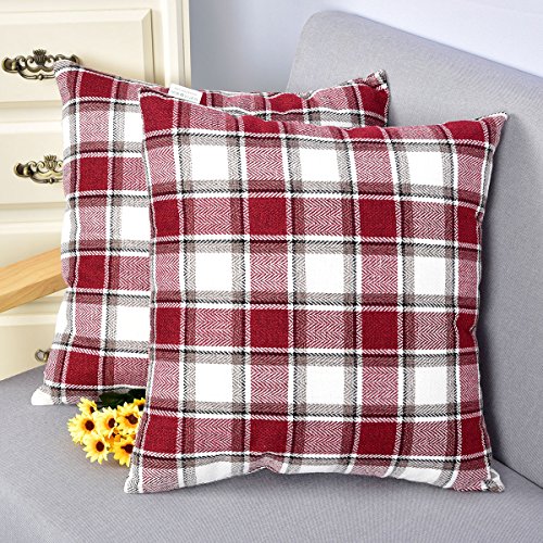 NATUS WEAVER 2 Piece Burgundy White Checker Pillow Case Soft Linen Square Decorative Throw Cushion Cover Pillowcase with H...