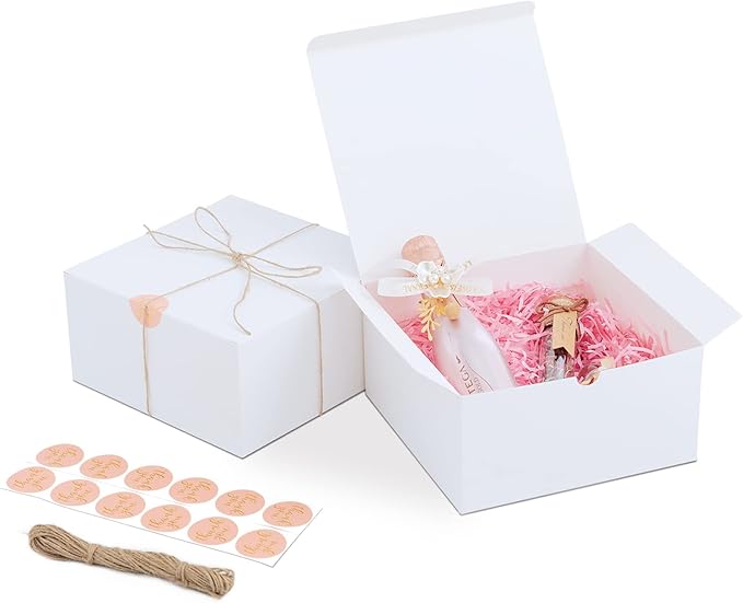 YUEFANBOX 12 Pack White Gift Boxes, 8x8x4in, with Lids, 80ft Twine, Stickers & Tape, Easy Assemble for Bridesmaid Proposa...