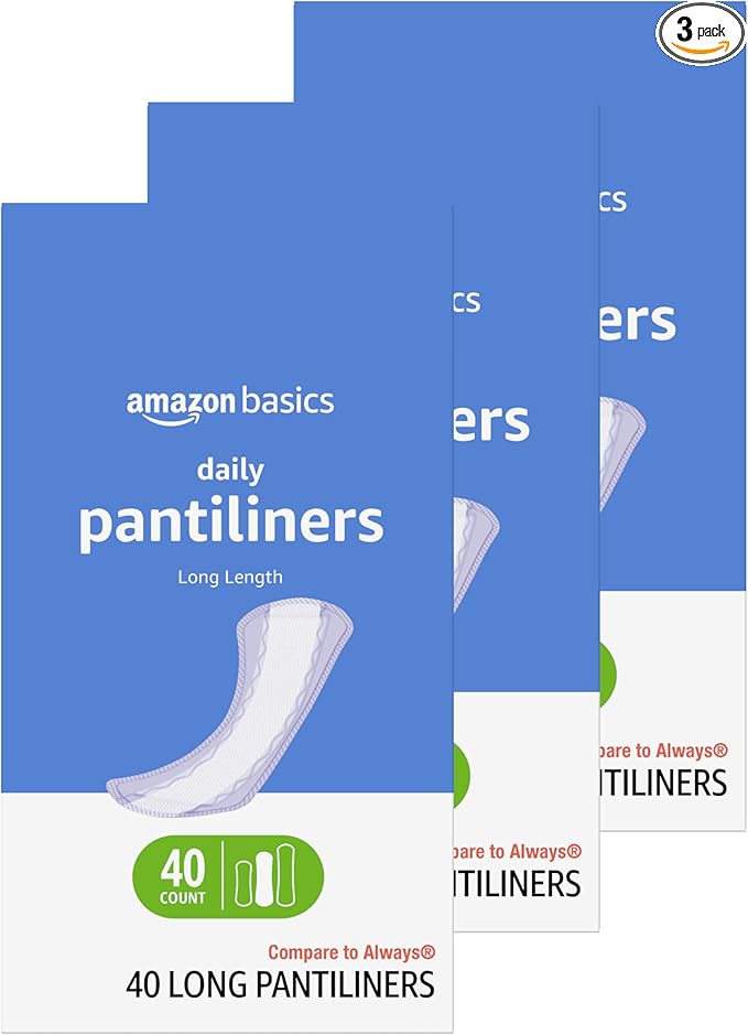 Amazon Basics Daily Pantiliner, Long Length, Feminine Pads for Women, Unscented, Comfortable Thin, 120 Count (3 Packs of 4...