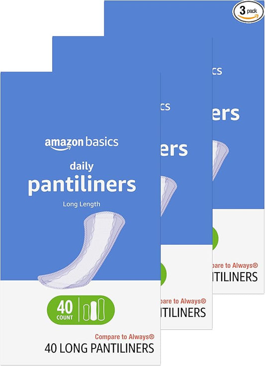 Amazon Basics Daily Pantiliner, Long Length, Feminine Pads for Women, Unscented, Comfortable Thin, 120 Count (3 Packs of 4...