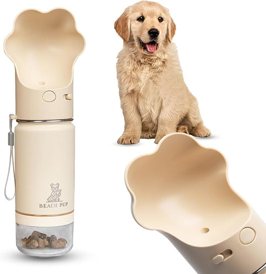 Dog Portable Water Bottle Stainless Steel 10 oz with Food Container - Pet Water Bottle - Cream Portable Dog Water Dispense...