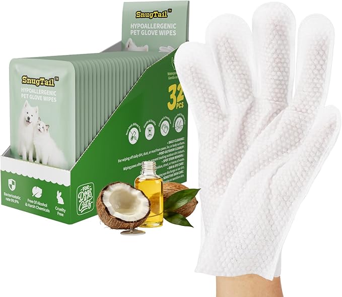 SnugTail Pet Glove Wipes for Dogs & Cats,Shedding Control, Dander Removal & Paw Cleaning, Travel Essentials for Pets(32 In...