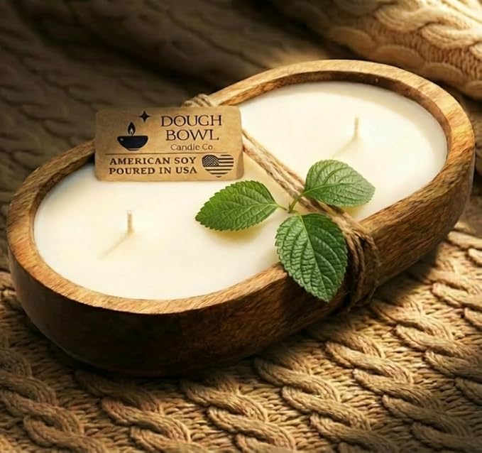 Dough Bowl Candle Co. Sandalwood Soy Candle - 3 Wick Rustic Farmhouse Decor Odor Eliminator in Wooden Bowls, 20 Ounce Wood...