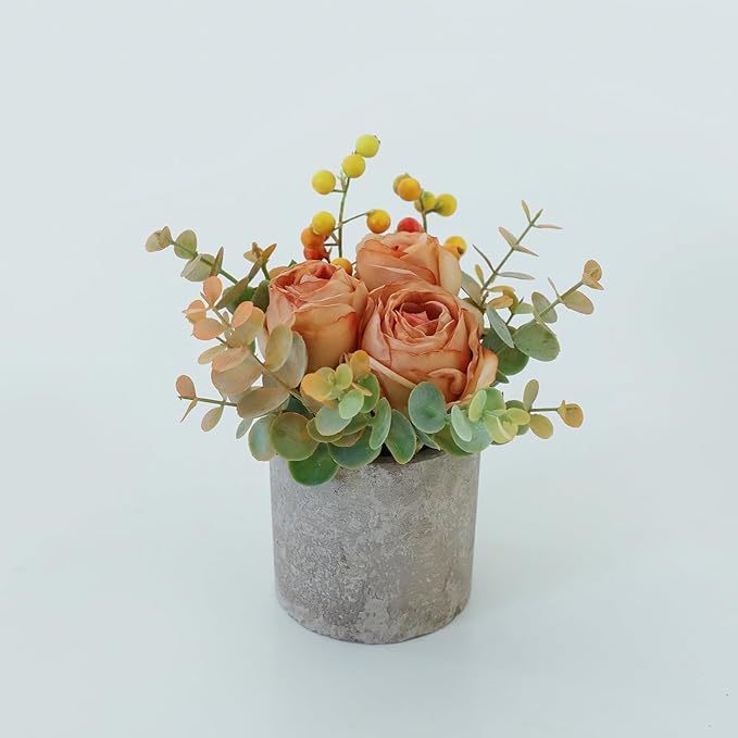 Rosscer Small Artificial Burnt Orange Rose Potted Plant, 6" Fake Silk Flowers in 3" Cylindrical Pot, Mini Faux Floral Arra...