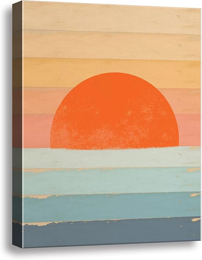 Boho Sun Wall Art, Framed Canvas Wall Art Rainbow Sun Rising on the Horizon Geometric Nature Illustrations Line Art Wall, ...