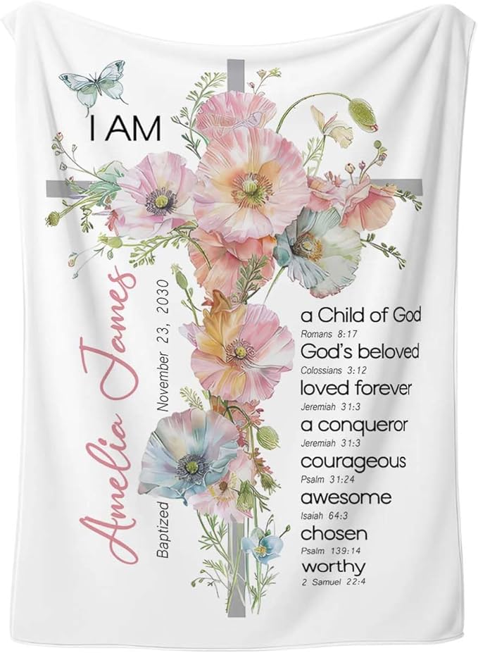 Personalized Baptism Blanket For Baby Girl, Floral Cross Christian Baby Gift, Custom Name Baptism Keepsake With Bible Vers...