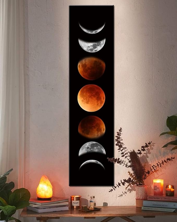 Ohhvvow Moon Phase Wall Art Painting, 47L x 11.8W Black and Tawny Modern Abstract Canvas Wall Art Painting for Living Room...