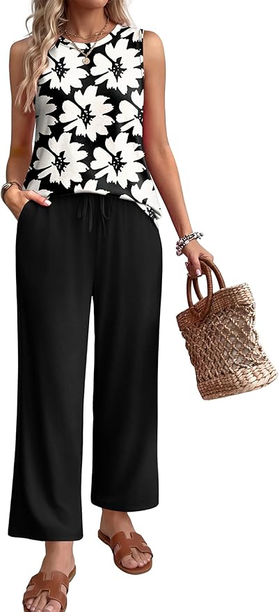 WIHOLL Two Piece Sets for Women Summer Vacation Outfits 2026 Airport Cruise Loose Sleeveless Tops Beach Fashion Clothing