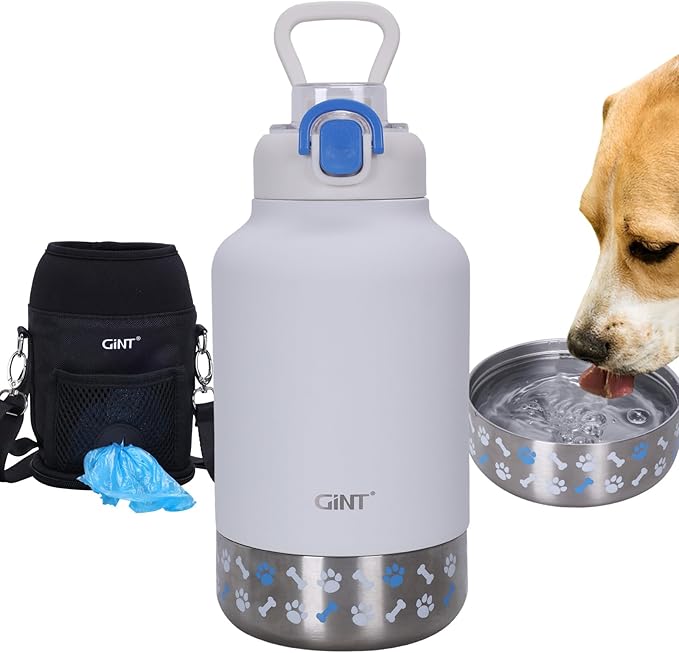 GiNT 37oz Insulated Stainless Steel Dog & Human Water Bottle, All-in-1 Travel Dispenser with Detachable Bowls & Carrying C...
