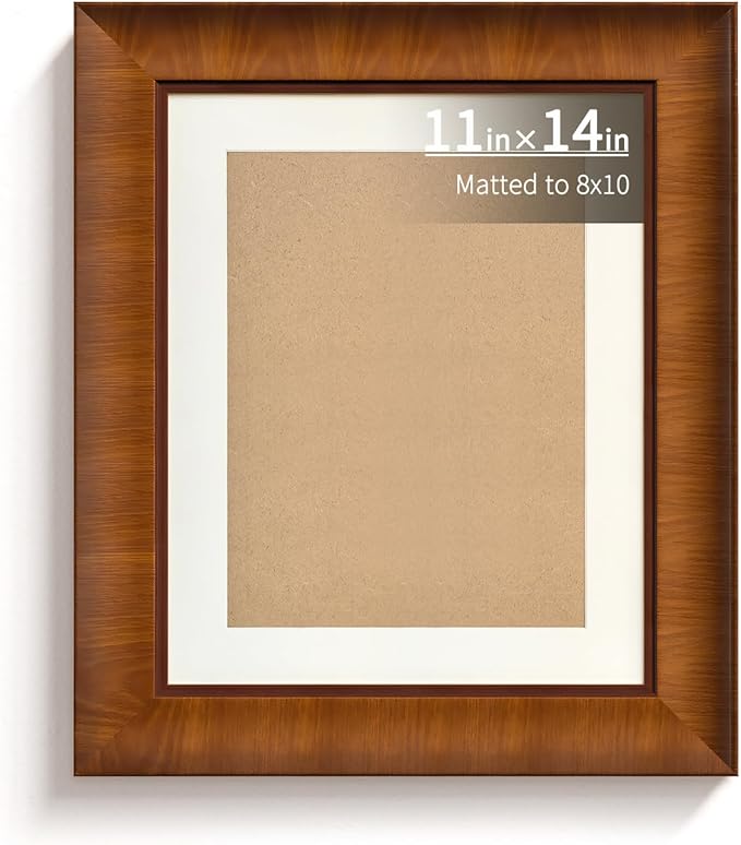 BWPFRAME 11x14 Picture Frame Matted to 8x10, Minimalist Style, Solid Wood, Walnut Brown Frame with Smooth Satin Finish, Pl...
