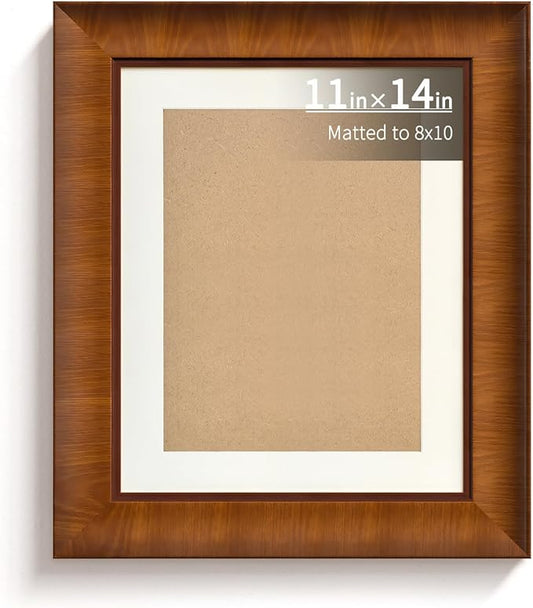BWPFRAME 11x14 Picture Frame Matted to 8x10, Minimalist Style, Solid Wood, Walnut Brown Frame with Smooth Satin Finish, Pl...