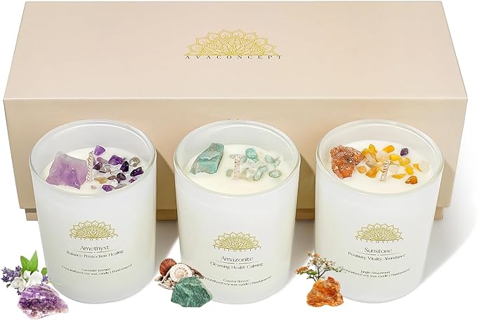 AvaConcept Healing Crystal Candle Gift Set – Set of 3 Amethyst, Amazonite & Sunstone Hand-Poured Soy Wax Lavender Jasmine,...