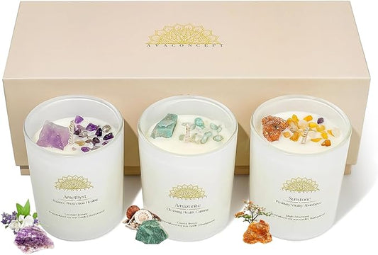 AvaConcept Healing Crystal Candle Gift Set – Set of 3 Amethyst, Amazonite & Sunstone Hand-Poured Soy Wax Lavender Jasmine,...