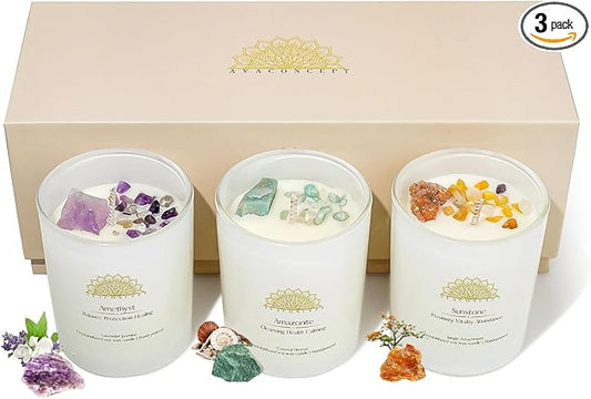 AVACONCEPT Amethyst & Smoky Quartz Crystal Candle Gift Set - 2-Pack Hand-Poured Soy Wax - Lavender Vanilla & Sea Salt Drif...