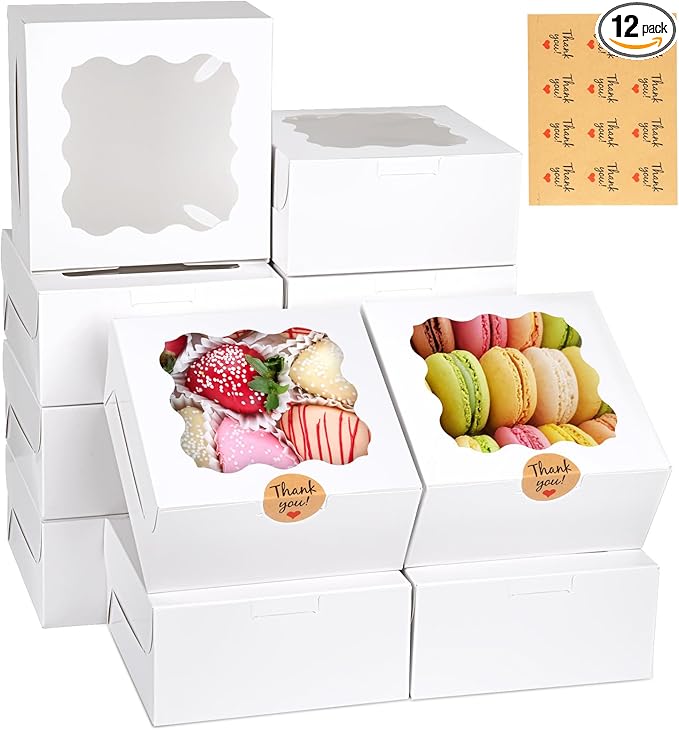 WINKIO 12 Pieces Cookie Boxes with Window, 6×6×3 Inches Treat Boxes for Bakery Dessert Pastry Mini Cake Favor Donut Baked ...