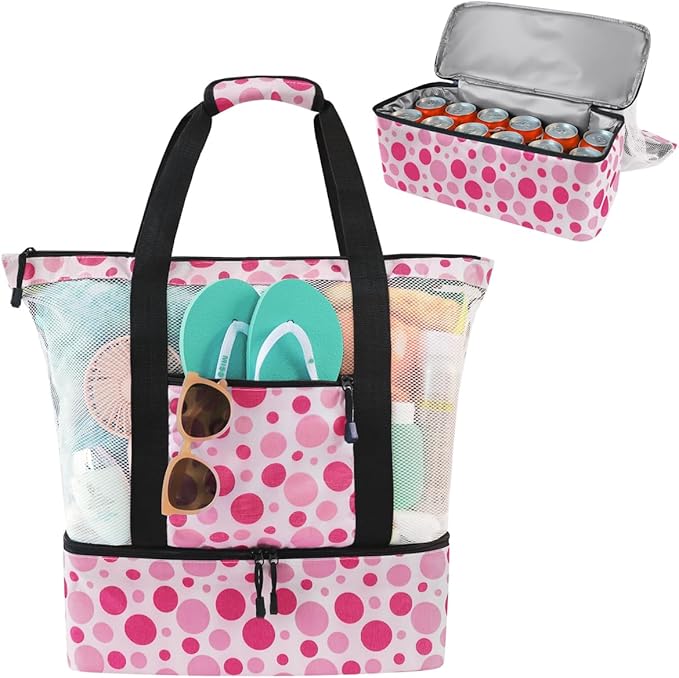 ASL Mesh Beach Bag with Cooler Compartment for Women, 2-in-1 Print Travel Tote 30L with Zipper and Pockets, Pool Picnic