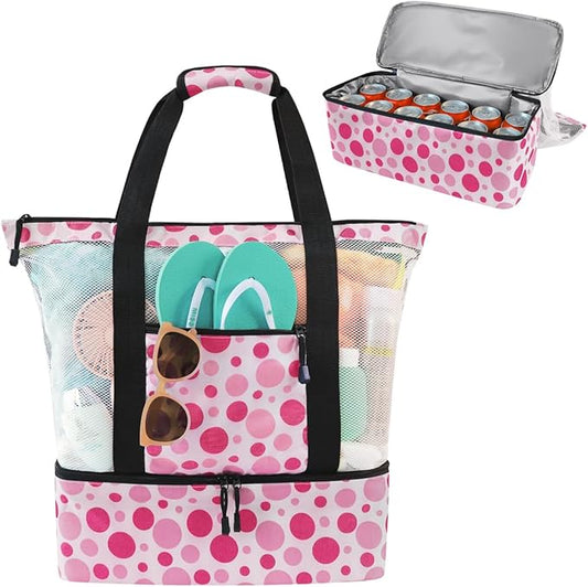 ASL Mesh Beach Bag with Cooler Compartment for Women, 2-in-1 Print Travel Tote 30L with Zipper and Pockets, Pool Picnic