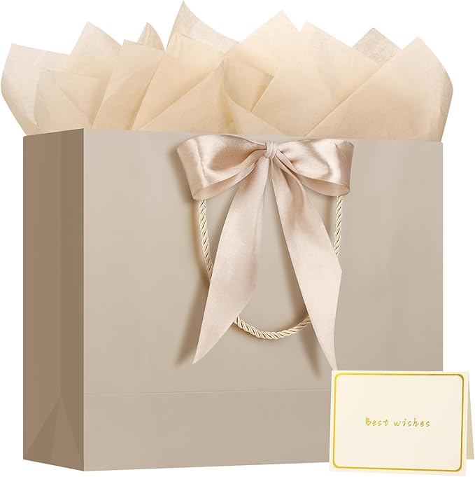 1PCS Large Gift Bag with Ribbon and 2 Tissue Paper 1 Greeting Card, Portable Paper Gift Bags with Handles, Paper Bags for ...