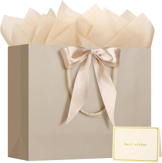 1PCS Large Gift Bag with Ribbon and 2 Tissue Paper 1 Greeting Card, Portable Paper Gift Bags with Handles, Paper Bags for ...