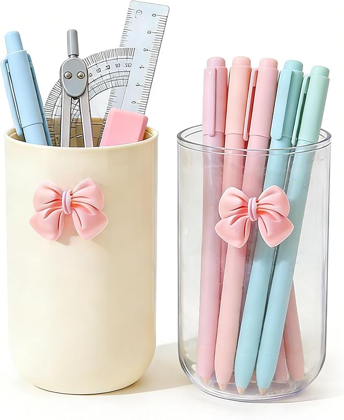 MWRDSM 2 Pack Pen Pencil Holder for Desk, Acrylic Desk Organizer with Bow Clear Makeup Brush Holder Cup Desktop Stationery...