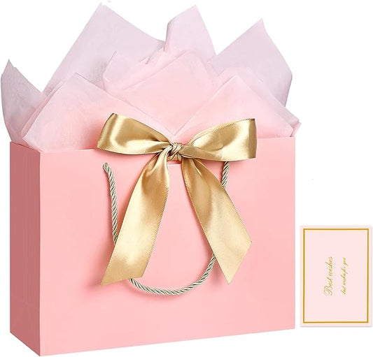 JMANNI Gift Bag, 1PCS Gift Bags with Ribbon and 1 Greeting Cards 2 Tissue Paper, Portable Paper Gift Bag with Handles, Bir...