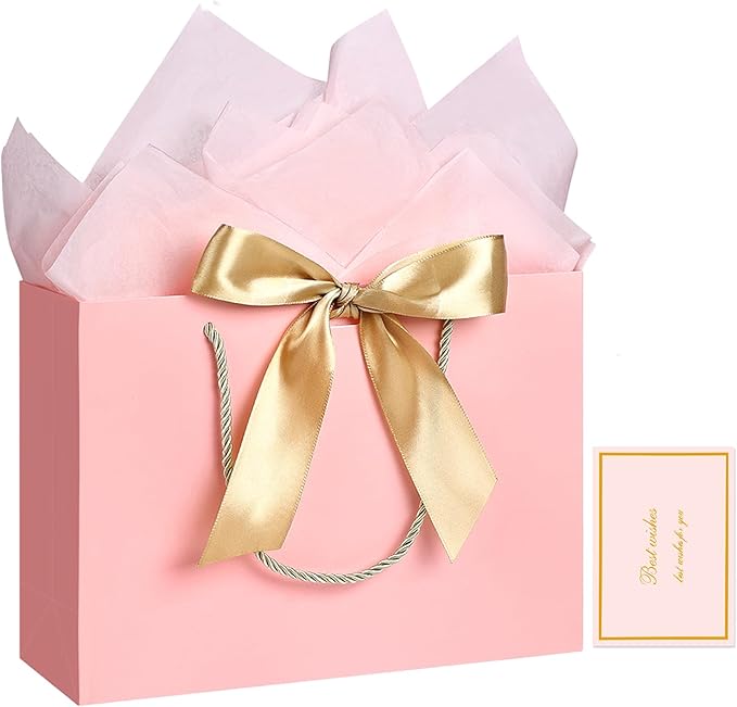 JMANNI Pink Gift Bags with Handles, 13” Medium Gift Bag for Presents, 1 Pcs Bags with 2 Tissue Paper and 1 Cards for Baby ...