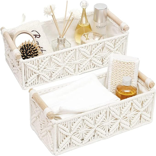 HOSROOME Macrame Storage Basket Boho Decor Baskets for Organizing Woven Decorative for Countertop Toilet Paper Basket for ...