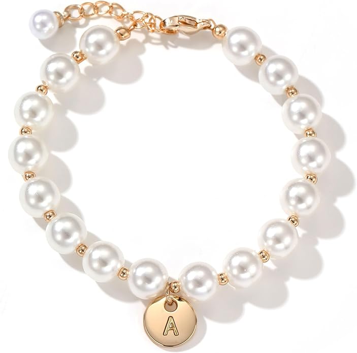 Miss Pink Initial Pearl Bracelet Flower Girl Bracelet Proposal Gifts for Girls, Dainty Gold Pearl Bracelets with Letter A-...