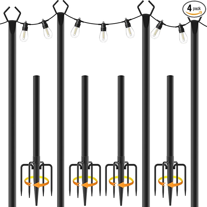 AILBTON 10Ft String Light Poles 4 Pack,Light Poles for Outside Lights,Outdoor with Fence Brackets Hanging Lights,Metal Sta...