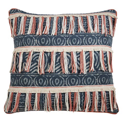 SARO LIFESTYLE Beechums Collection Block Print Embroidered Fringed Poly Filled Pillow, 22", Blue