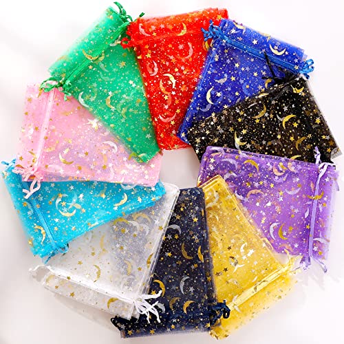 ENNIYU 100 Pieces Moon Star Organza Bags, 4x6“ Mixed Color Christmas Wedding Favors Gift Drawstring Bags Jewelry Pouches C...