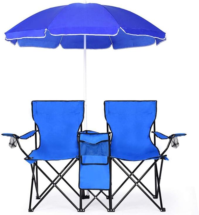 Goplus Double Camping Chair with Umbrella, Folding Loveseat Chairs w/Canopy Shade, Carrying Bag, Table, Cup Holder, Portab...