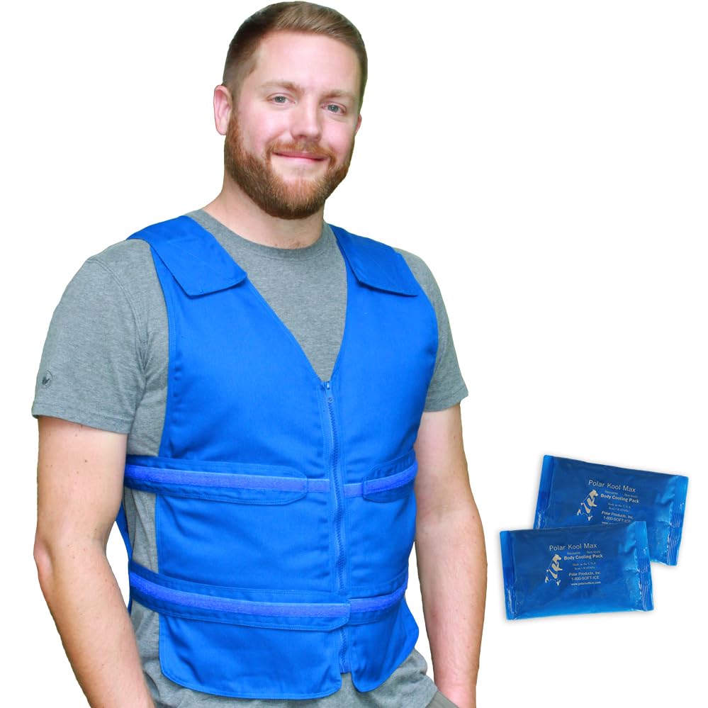 Polar Products Adjustable Zipper Cooling Vest for Men and Women with Kool Max Packs or Cool58 Phase Change Cooling Packs