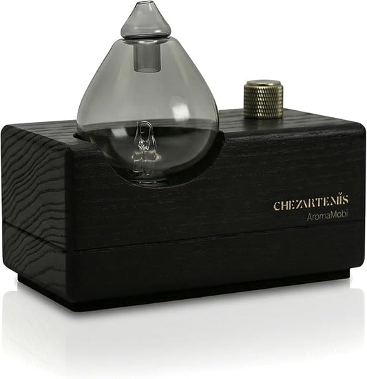 Black Obsidian Waterless Essential Oil Diffuser with Real Wood Base for Aromatherapy, Modern Smoky Glass Oil Diffuser, Cor...