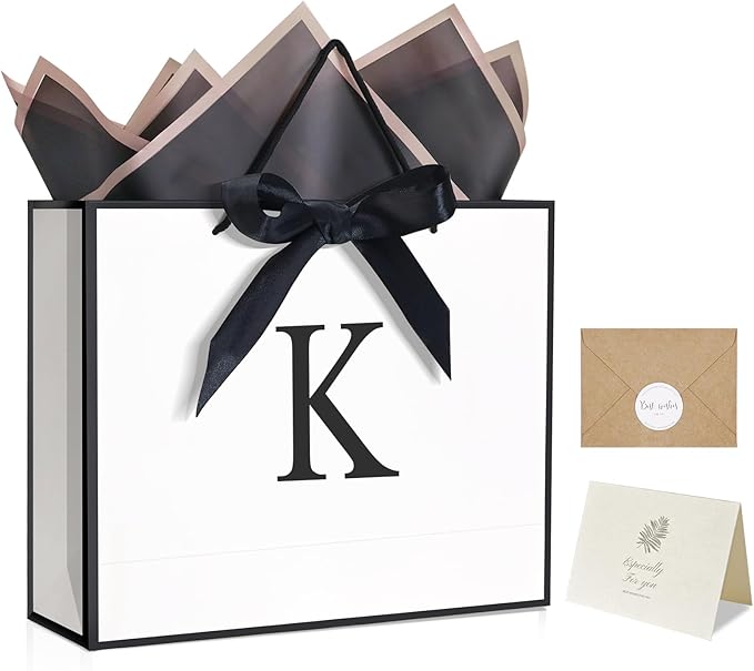 QLSKO Monogrammed Gift Wrap Bag Personalized Initial Paper Bag with Card Matching Envelope Sticker,Bow Ribbon and Wrapping...
